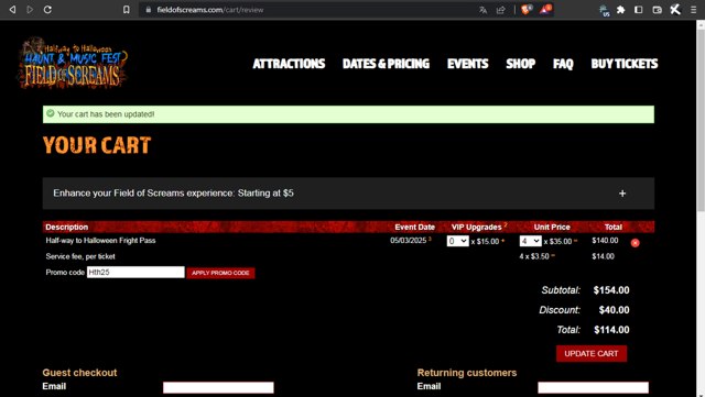 Field of Screams checkout page showing Field of Screams promo code box | Screenshot taken by SimplyCodes community member on Apr 5, 2025