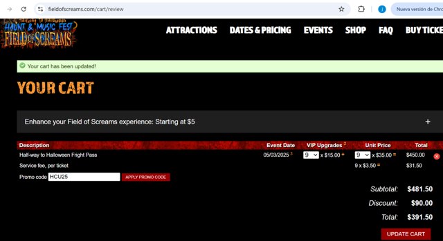 Field of Screams checkout page showing Field of Screams promo code box | Screenshot taken by SimplyCodes community member on Apr 16, 2025
