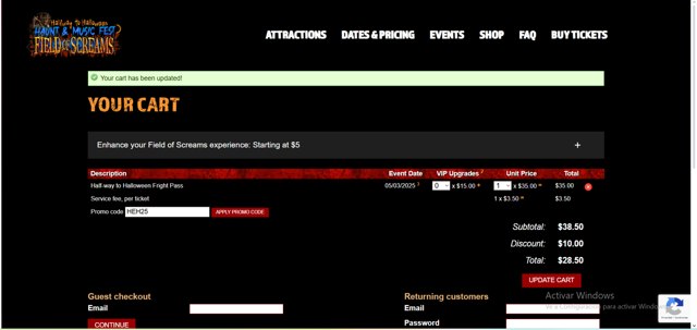 Field of Screams checkout page showing Field of Screams promo code box | Screenshot taken by SimplyCodes community member on Apr 16, 2025
