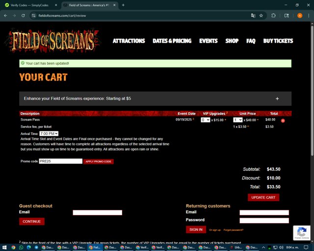 Field of Screams checkout page showing Field of Screams promo code box | Screenshot taken by SimplyCodes community member on Aug 15, 2025