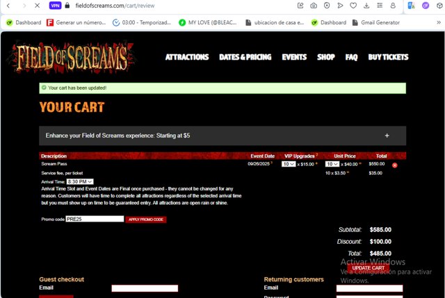 Field of Screams checkout page showing Field of Screams promo code box | Screenshot taken by SimplyCodes community member on Aug 26, 2025