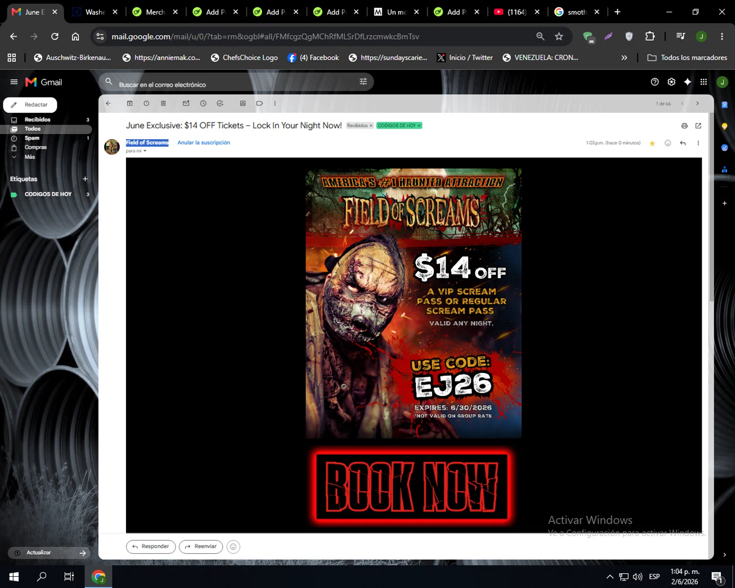 Field of Screams promo code screenshot showing code EJ26 applied at Field of Screams checkout page. Uploaded by SimplyCodes community member Codehunter on Jun 2, 2026