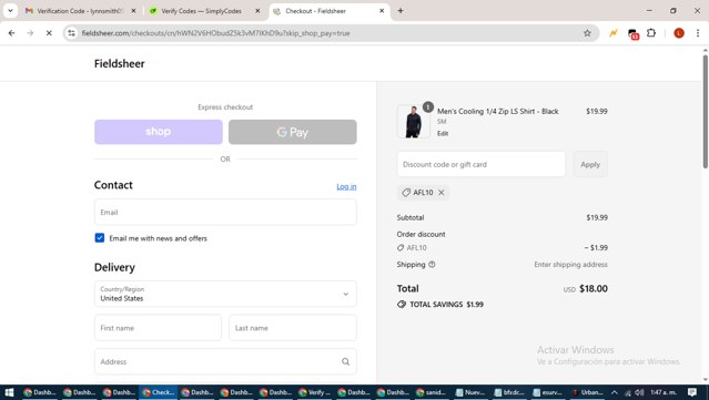Fieldsheer checkout page showing Fieldsheer discount code box | Screenshot taken by SimplyCodes community member on Sep 2, 2025