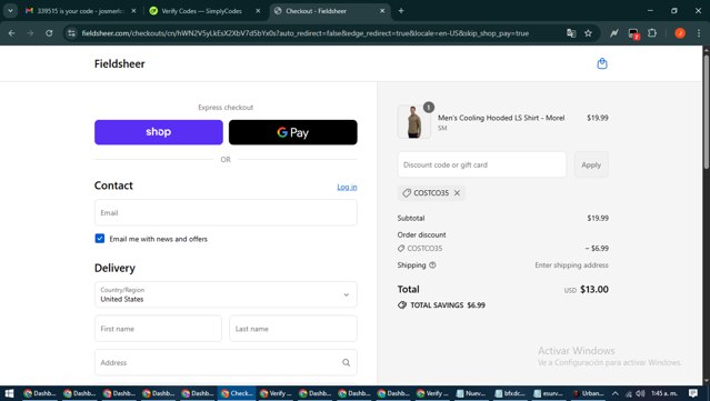 Fieldsheer checkout page showing Fieldsheer discount code box | Screenshot taken by SimplyCodes community member on Sep 2, 2025
