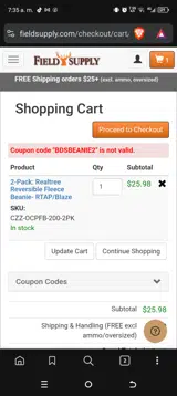 BDSBEANIE2 coupon verification screenshot