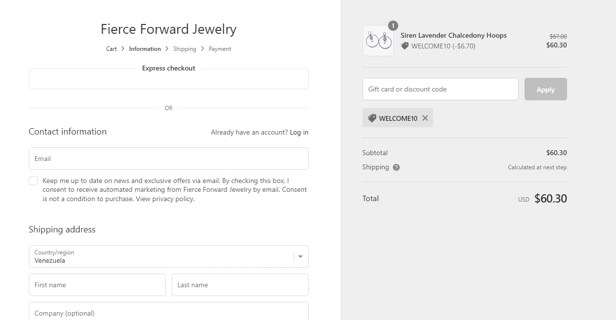 Fierce Forward Jewelry checkout page showing Fierce Forward Jewelry promo code box | Screenshot taken by SimplyCodes community member on Jan 18, 2022
