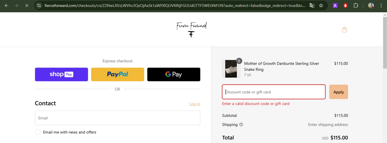 Fierce Forward Jewelry promo code screenshot showing code WELCOME10 applied at Fierce Forward Jewelry checkout page. Uploaded by SimplyCodes community member BrilliantFox7966 on Feb 26, 2025