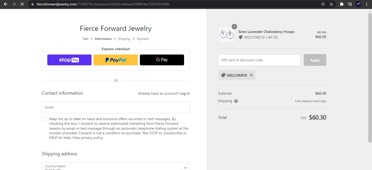 Fierce Forward Jewelry checkout page showing Fierce Forward Jewelry promo code box | Screenshot taken by SimplyCodes community member on Dec 8, 2021