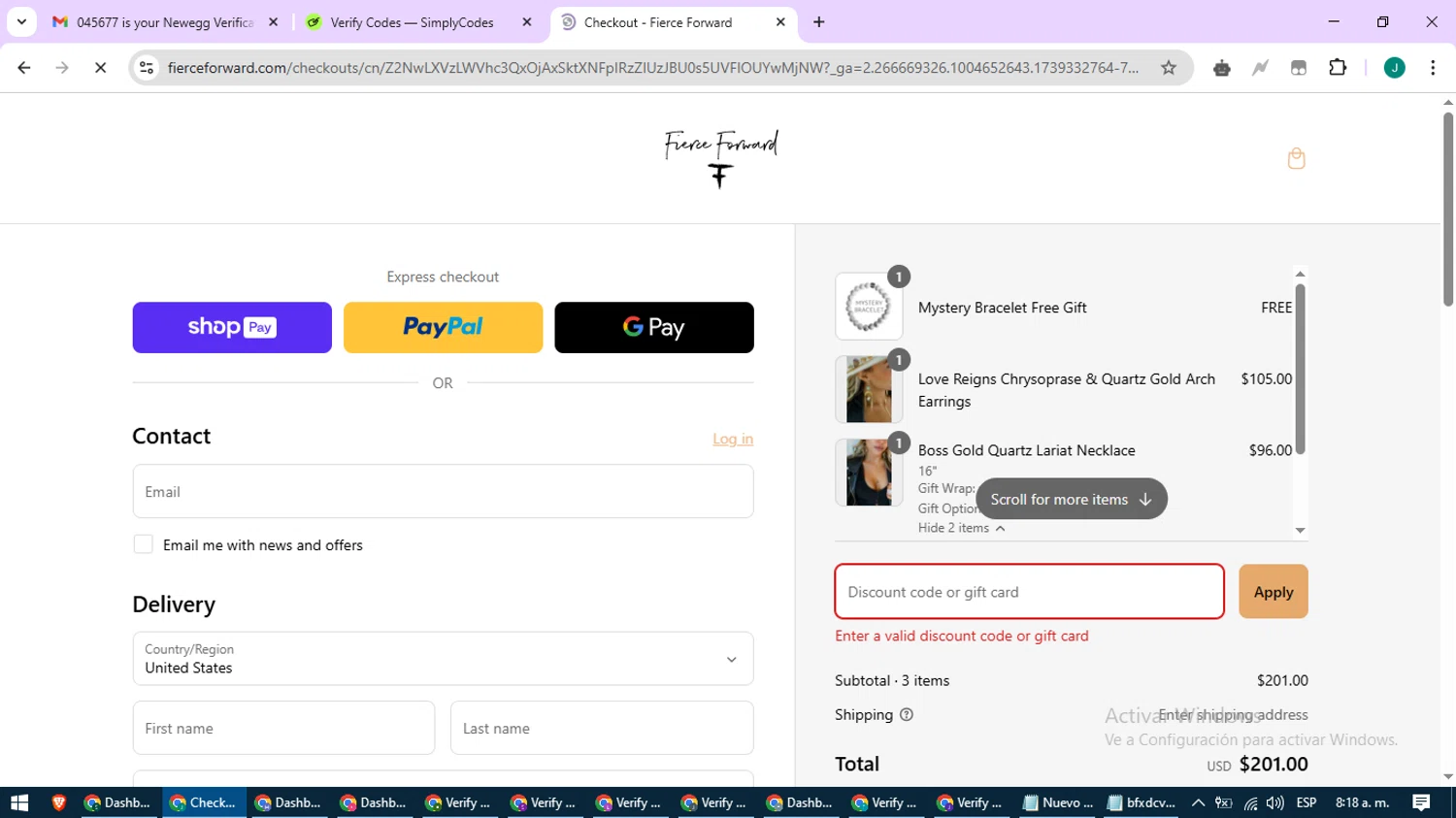 Fierce Forward Jewelry promo code screenshot showing code FIERCE20 applied at Fierce Forward Jewelry checkout page. Uploaded by SimplyCodes community member SavvyCurator1770 on Mar 9, 2025