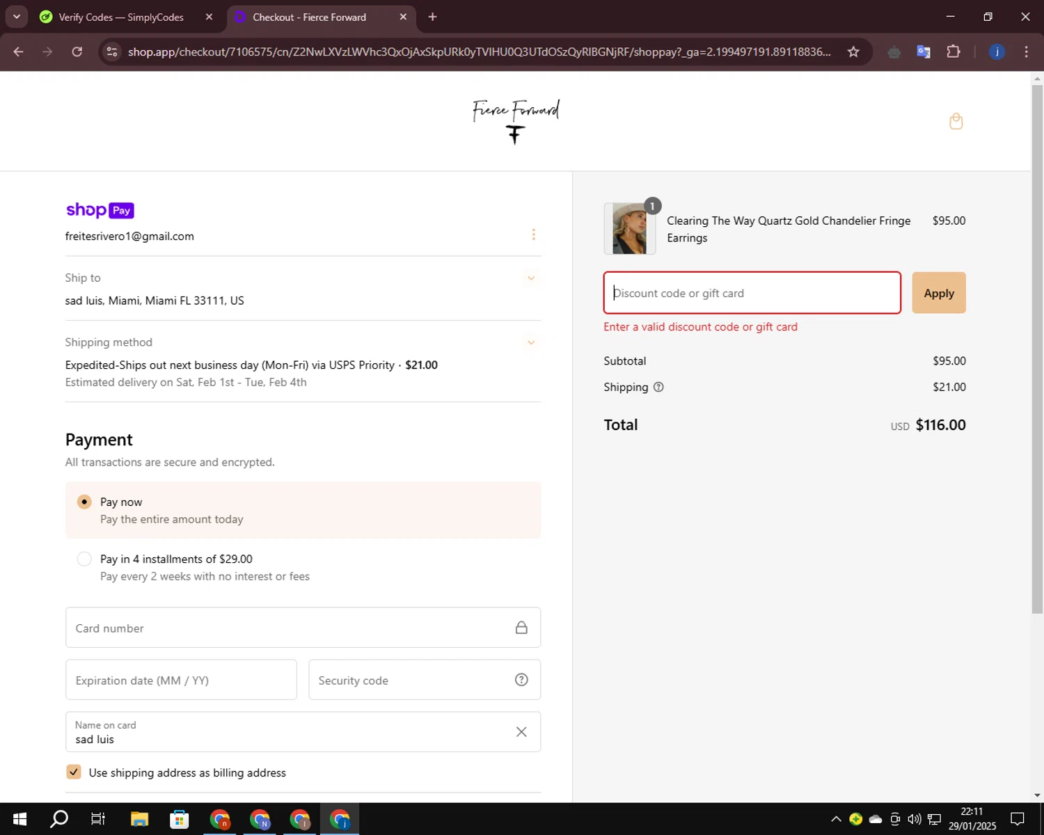 Fierce Forward Jewelry promo code screenshot showing code FIERCE20 applied at Fierce Forward Jewelry checkout page. Uploaded by SimplyCodes community member CashLegend3767 on Jan 30, 2025