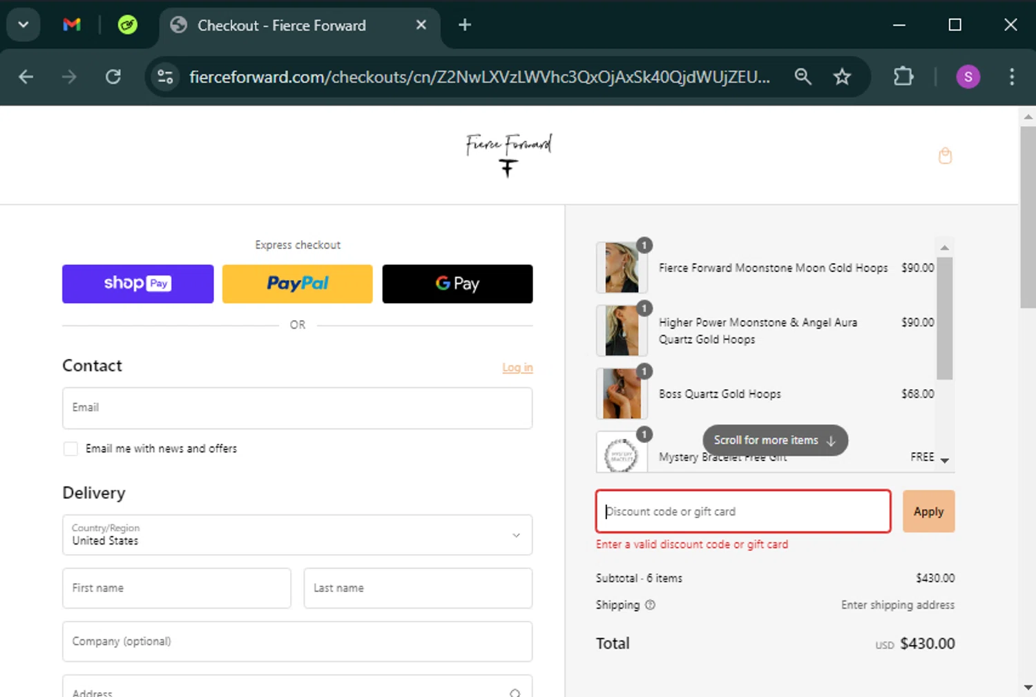 Fierce Forward Jewelry promo code screenshot showing code FIERCE20 applied at Fierce Forward Jewelry checkout page. Uploaded by SimplyCodes community member tinkle_tinkle on Feb 27, 2025