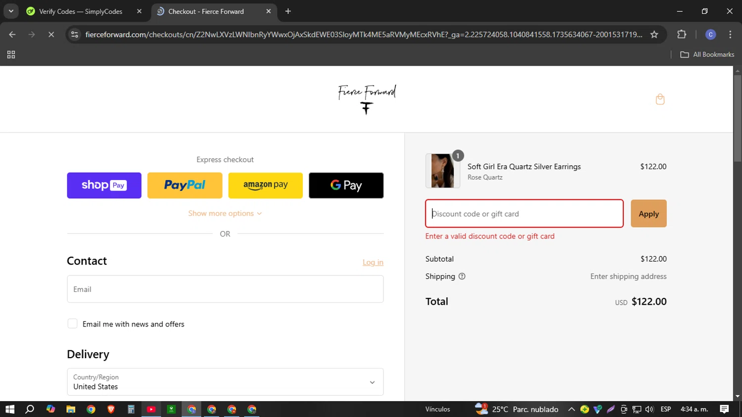 Fierce Forward Jewelry promo code screenshot showing code LIVEFIERCE applied at Fierce Forward Jewelry checkout page. Uploaded by SimplyCodes community member Cotu1208 on Dec 31, 2024
