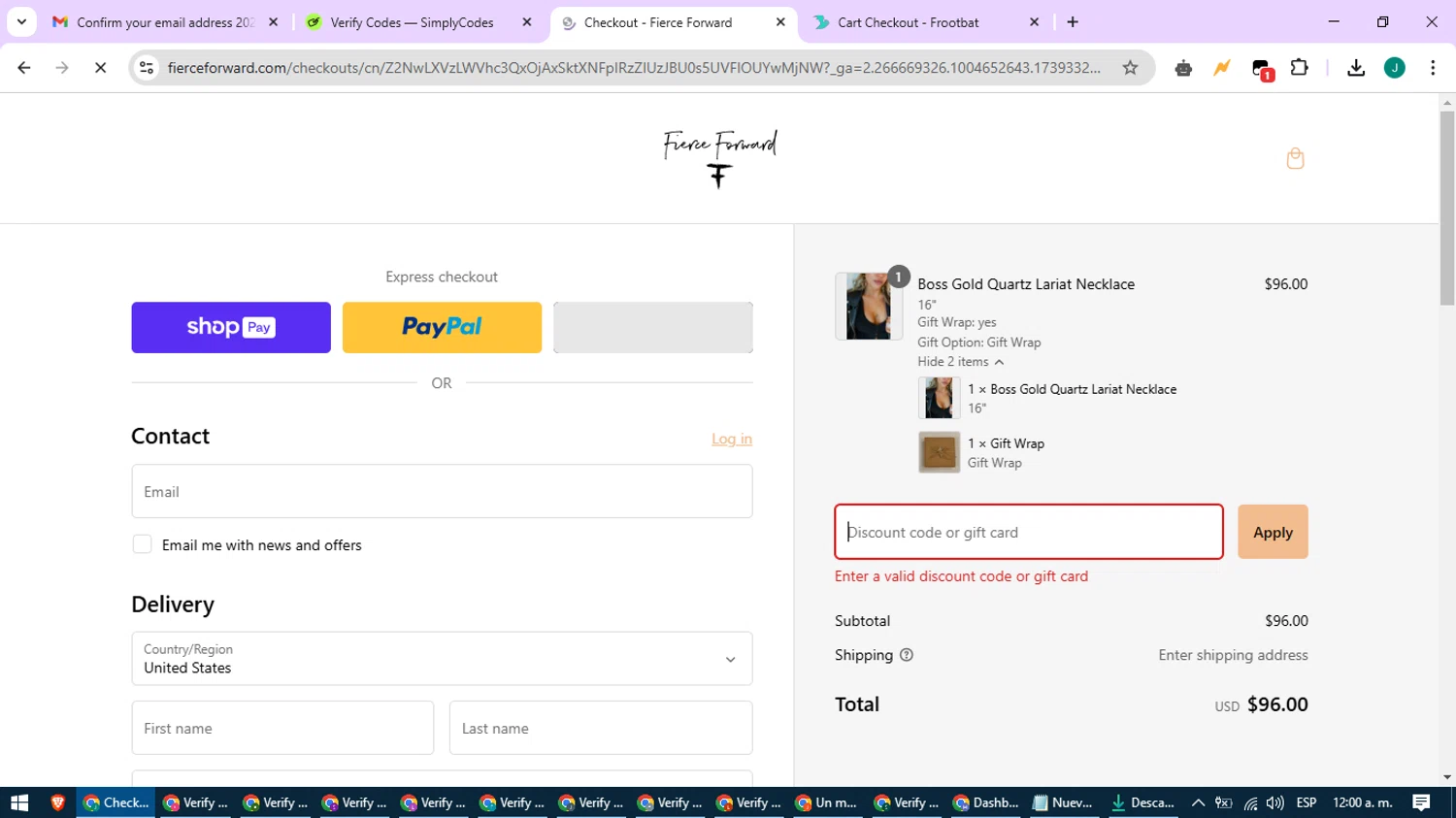Fierce Forward Jewelry promo code screenshot showing code LIVEFIERCE applied at Fierce Forward Jewelry checkout page. Uploaded by SimplyCodes community member SavvyCurator1770 on Feb 12, 2025