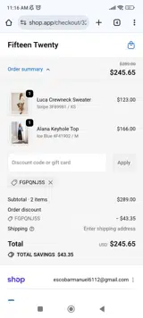 Fifteen Twenty coupon verification screenshot