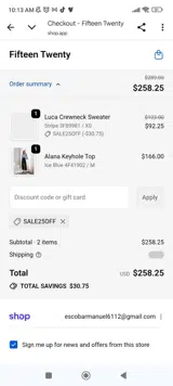 Fifteen Twenty coupon verification screenshot