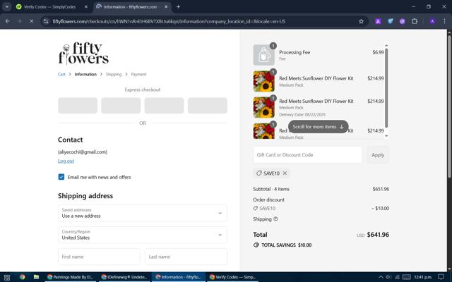 FiftyFlowers checkout page showing FiftyFlowers discount code box | Screenshot taken by SimplyCodes community member on Aug 14, 2025