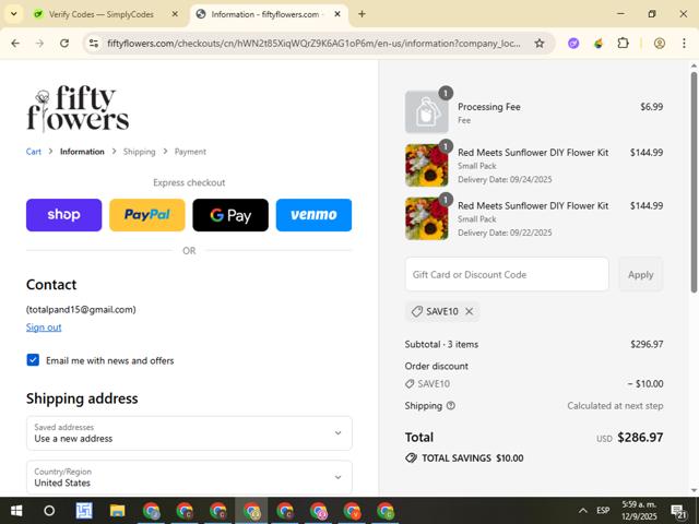FiftyFlowers checkout page showing FiftyFlowers discount code box | Screenshot taken by SimplyCodes community member on Sep 12, 2025