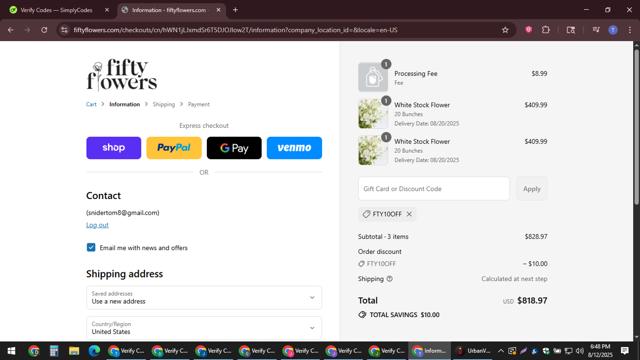 FiftyFlowers checkout page showing FiftyFlowers discount code box | Screenshot taken by SimplyCodes community member on Aug 12, 2025