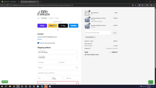 FiftyFlowers checkout page showing FiftyFlowers discount code box | Screenshot taken by SimplyCodes community member on Sep 15, 2025