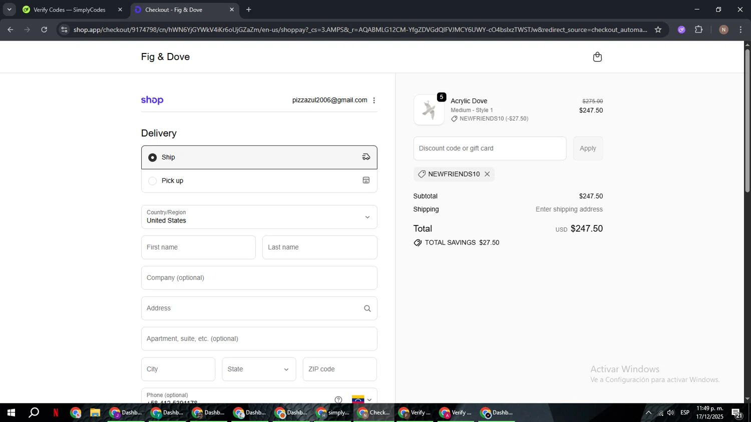 Fig & Dove checkout page showing Fig & Dove promo code box | Screenshot taken by SimplyCodes community member on Dec 18, 2025
