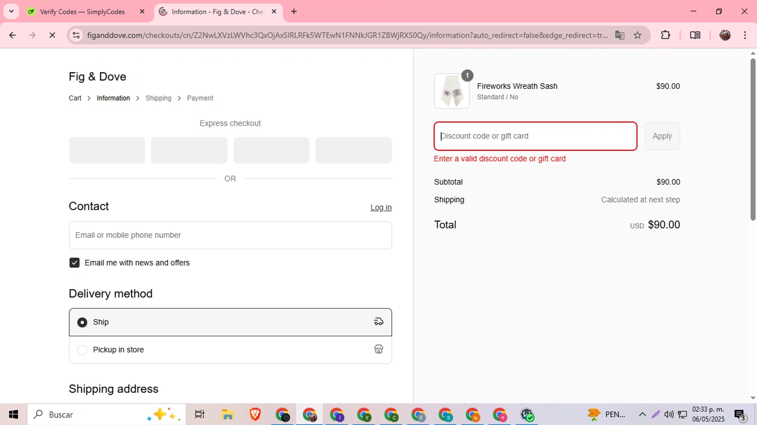 Fig & Dove promo code screenshot showing code BDAY15 applied at Fig & Dove checkout page. Uploaded by SimplyCodes community member BargainExpert9390 on May 6, 2025