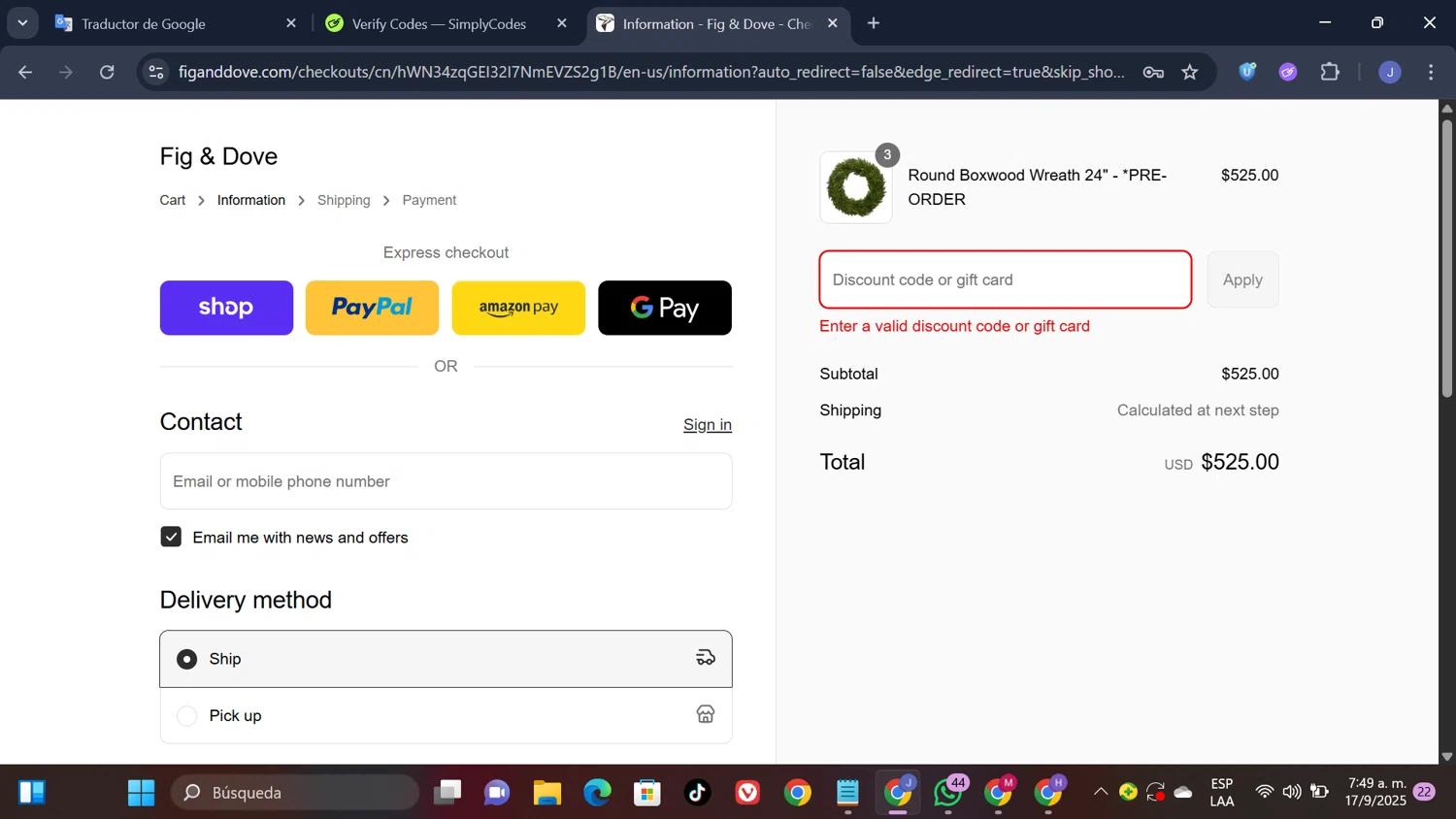 Fig & Dove promo code screenshot showing code cheers10 applied at Fig & Dove checkout page. Uploaded by SimplyCodes community member thesoldier on Sep 17, 2025