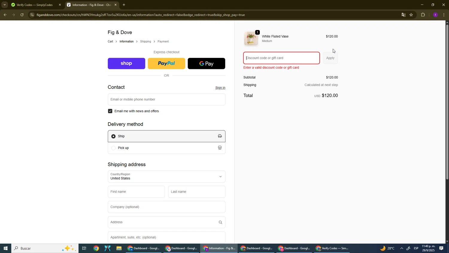 Fig & Dove promo code screenshot showing code SHOP20 applied at Fig & Dove checkout page. Uploaded by SimplyCodes community member El_mynor on Sep 30, 2025