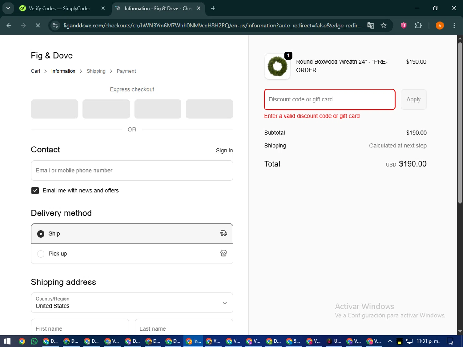 Fig & Dove promo code screenshot showing code SHOP20 applied at Fig & Dove checkout page. Uploaded by SimplyCodes community member MoneyPhoenix4664 on Sep 30, 2025