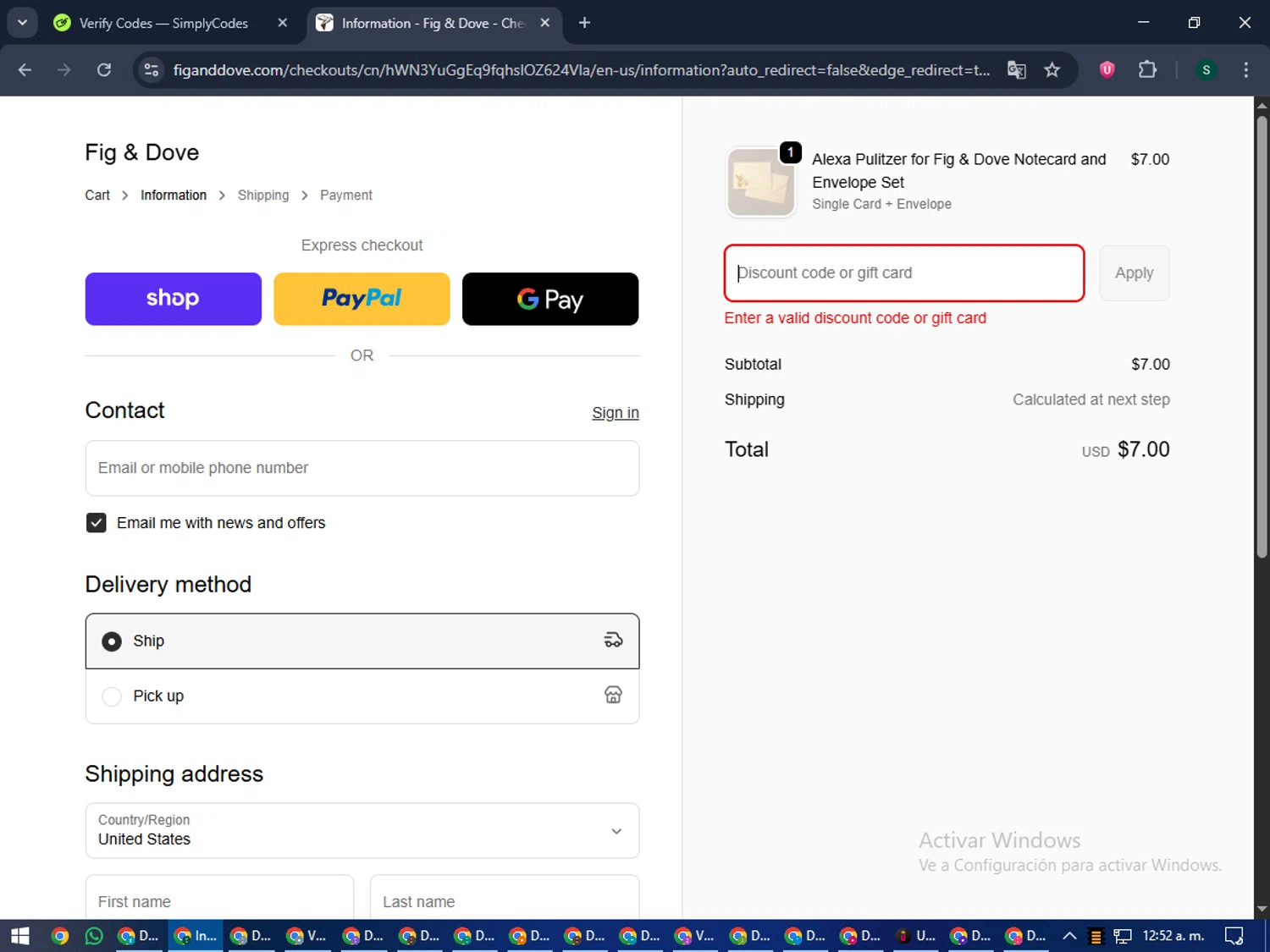 Fig & Dove promo code screenshot showing code SHOP20 applied at Fig & Dove checkout page. Uploaded by SimplyCodes community member lilMosey on Sep 30, 2025