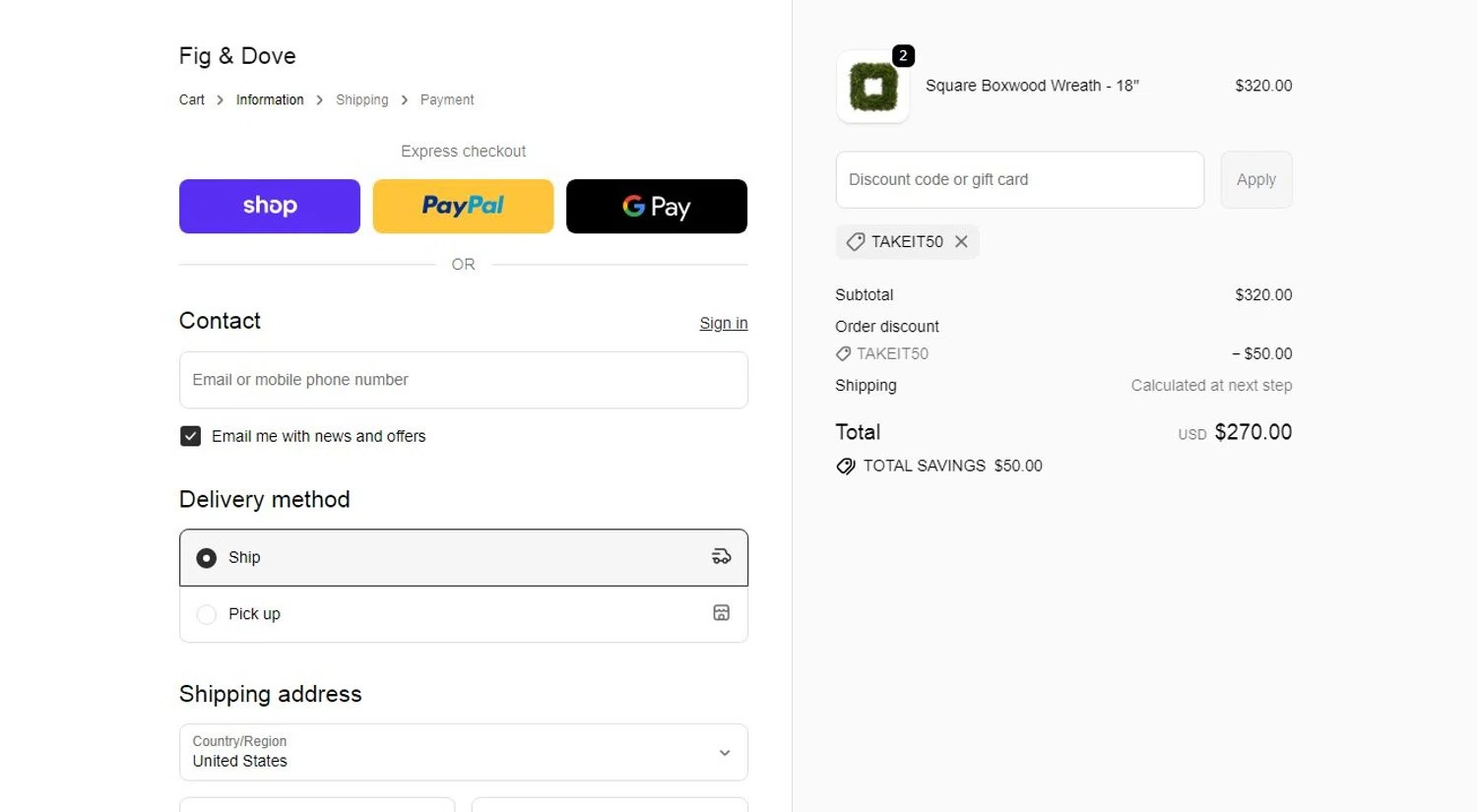 Fig & Dove promo code screenshot showing code TAKEIT50 applied at Fig & Dove checkout page. Uploaded by SimplyCodes community member ylenisjordan on Dec 1, 2025