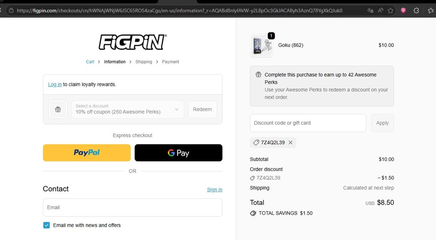 FiGPiN promo code screenshot showing code 7Z4Q2L39 applied at FiGPiN checkout page. Uploaded by SimplyCodes community member HonestVzla on Apr 7, 2026