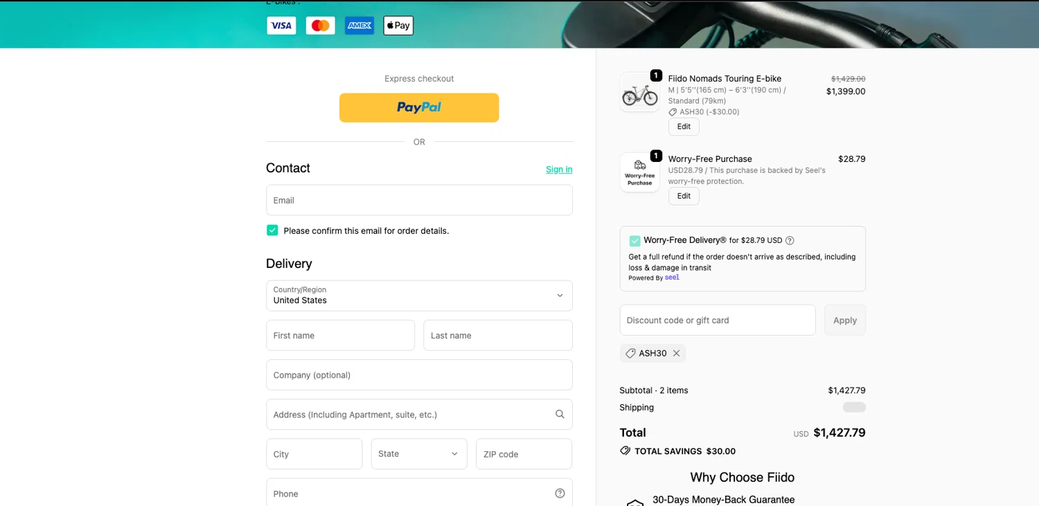 Fiido promo code screenshot showing code ASH30 applied at Fiido checkout page. Uploaded by SimplyCodes community member ELOIN777 on Jun 2, 2026