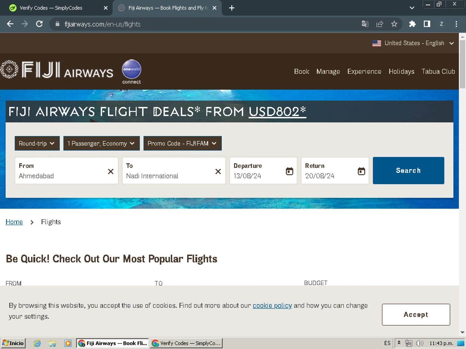 Fiji Airways checkout page showing Fiji Airways promo code box | Screenshot taken by SimplyCodes community member on Aug 7, 2024