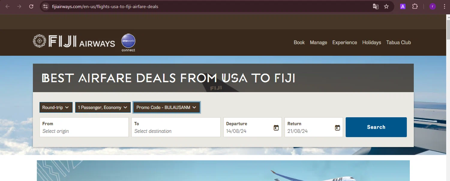 Fiji Airways checkout page showing Fiji Airways promo code box | Screenshot taken by SimplyCodes community member on Aug 7, 2024