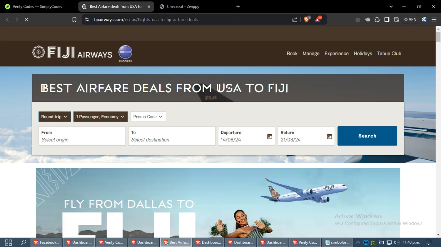 Fiji Airways checkout page showing Fiji Airways promo code box | Screenshot taken by SimplyCodes community member on Aug 7, 2024