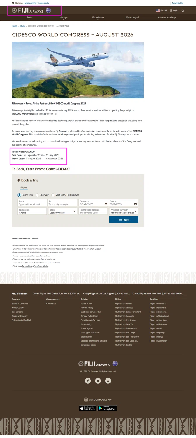 Fiji Airways promo code screenshot showing code CIDESCO applied at Fiji Airways checkout page. Uploaded by SimplyCodes community member mrdarcy on Jan 29, 2026