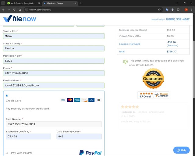 Filenow checkout page showing Filenow promo code box | Screenshot taken by SimplyCodes community member on Apr 20, 2025