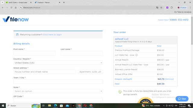 Filenow checkout page showing Filenow promo code box | Screenshot taken by SimplyCodes community member on Oct 2, 2024