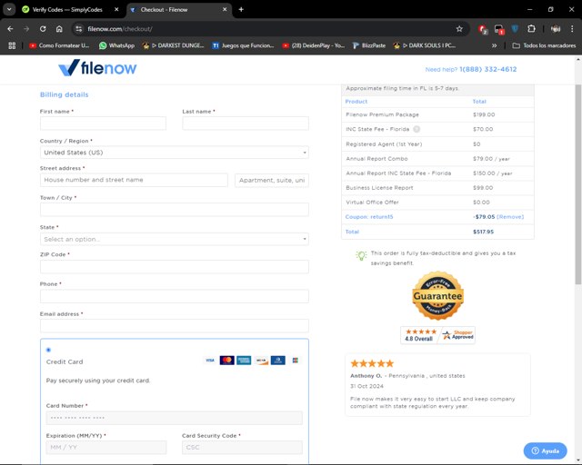 Filenow checkout page showing Filenow promo code box | Screenshot taken by SimplyCodes community member on Nov 5, 2024