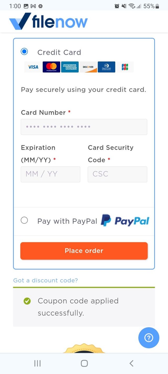 Filenow checkout page showing Filenow promo code box | Screenshot taken by SimplyCodes community member on Apr 19, 2024