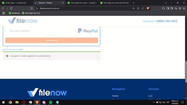 Filenow checkout page showing Filenow promo code box | Screenshot taken by SimplyCodes community member on Apr 9, 2025