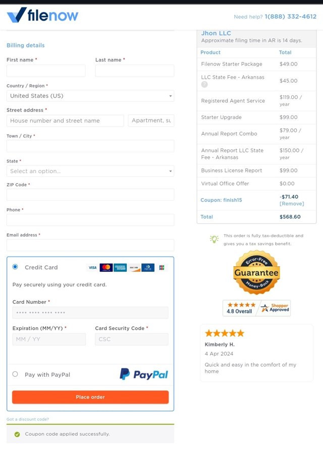 Filenow checkout page showing Filenow promo code box | Screenshot taken by SimplyCodes community member on Apr 19, 2024