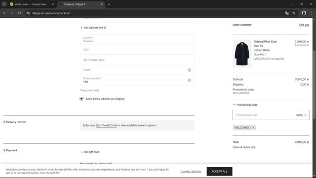 Filippa K checkout page showing Filippa K discount code box | Screenshot taken by SimplyCodes community member on Jan 13, 2025