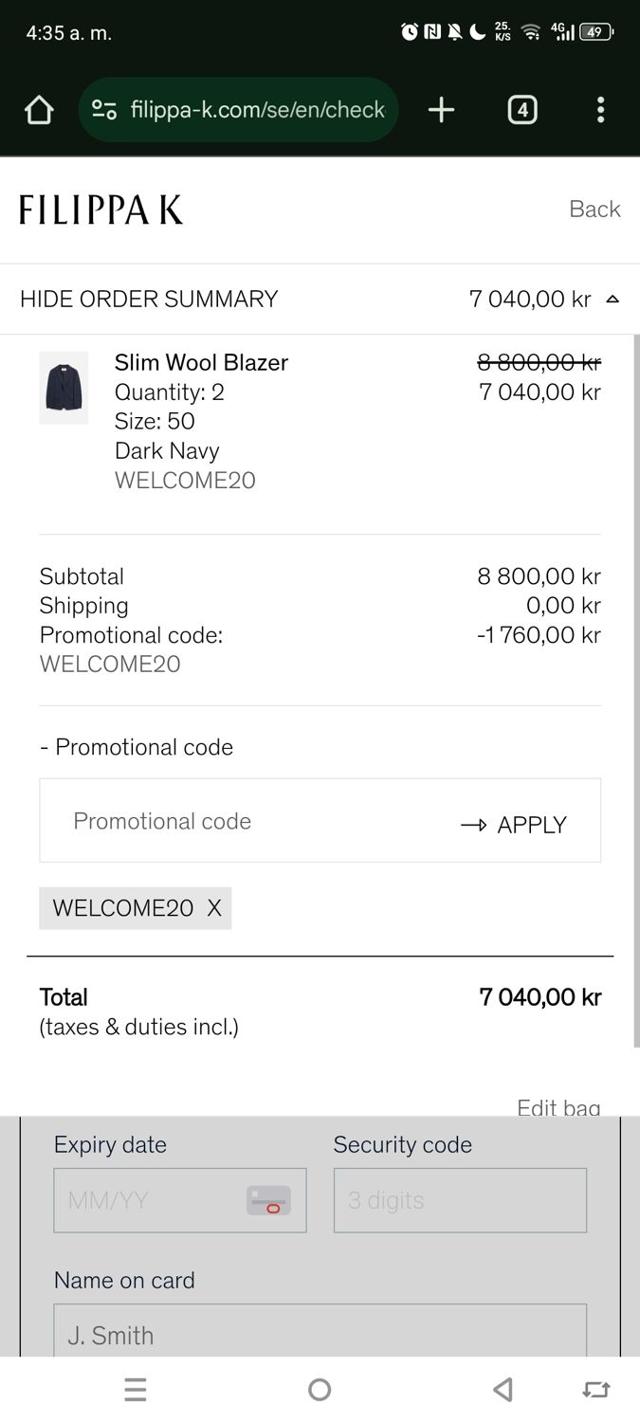 Filippa K checkout page showing Filippa K discount code box | Screenshot taken by SimplyCodes community member on Dec 13, 2024