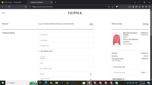 Filippa K checkout page showing Filippa K discount code box | Screenshot taken by SimplyCodes community member on Mar 11, 2025