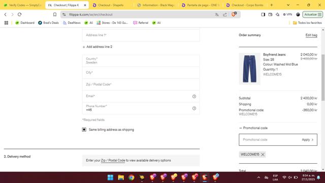 Filippa K checkout page showing Filippa K discount code box | Screenshot taken by SimplyCodes community member on Jan 27, 2025