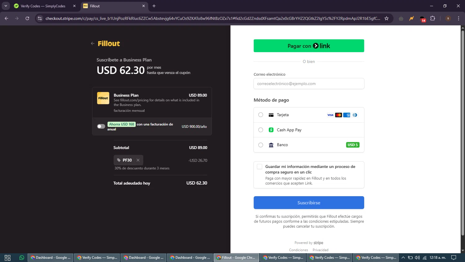 Fillout promo code screenshot showing code PF30 applied at Fillout checkout page. Uploaded by SimplyCodes community member GoldSentinel1426 on May 24, 2025