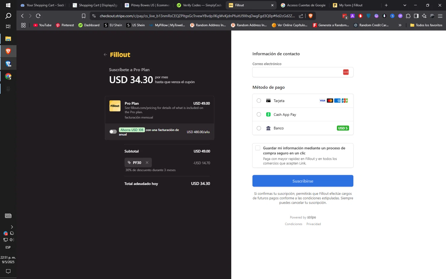 Fillout promo code screenshot showing code PF30 applied at Fillout checkout page. Uploaded by SimplyCodes community member ilarrazaM1 on May 10, 2025