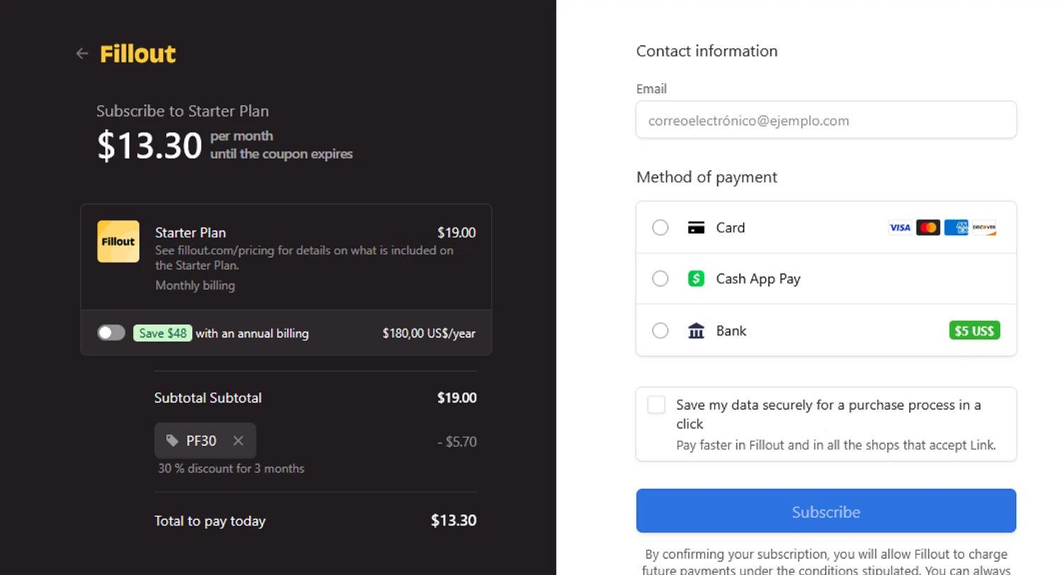 Fillout promo code screenshot showing code PF30 applied at Fillout checkout page. Uploaded by SimplyCodes community member BLUEBLASTOISE on May 17, 2025