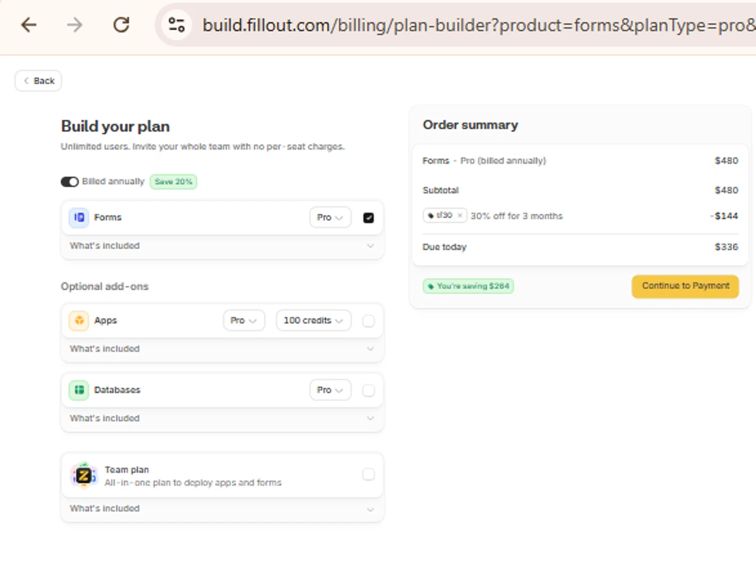 Fillout promo code screenshot showing code tf30 applied at Fillout checkout page. Uploaded by SimplyCodes community member BudgetLion5814 on Dec 10, 2025
